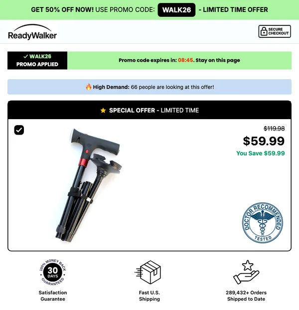 Ready Walker Smart Cane official checkout page with 50% off offer