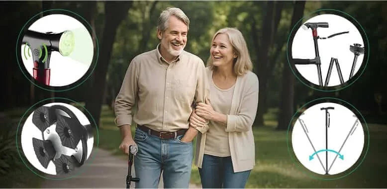 Ready Walker Smart Cane features: alarm, swivel base, folding frame and LED light
